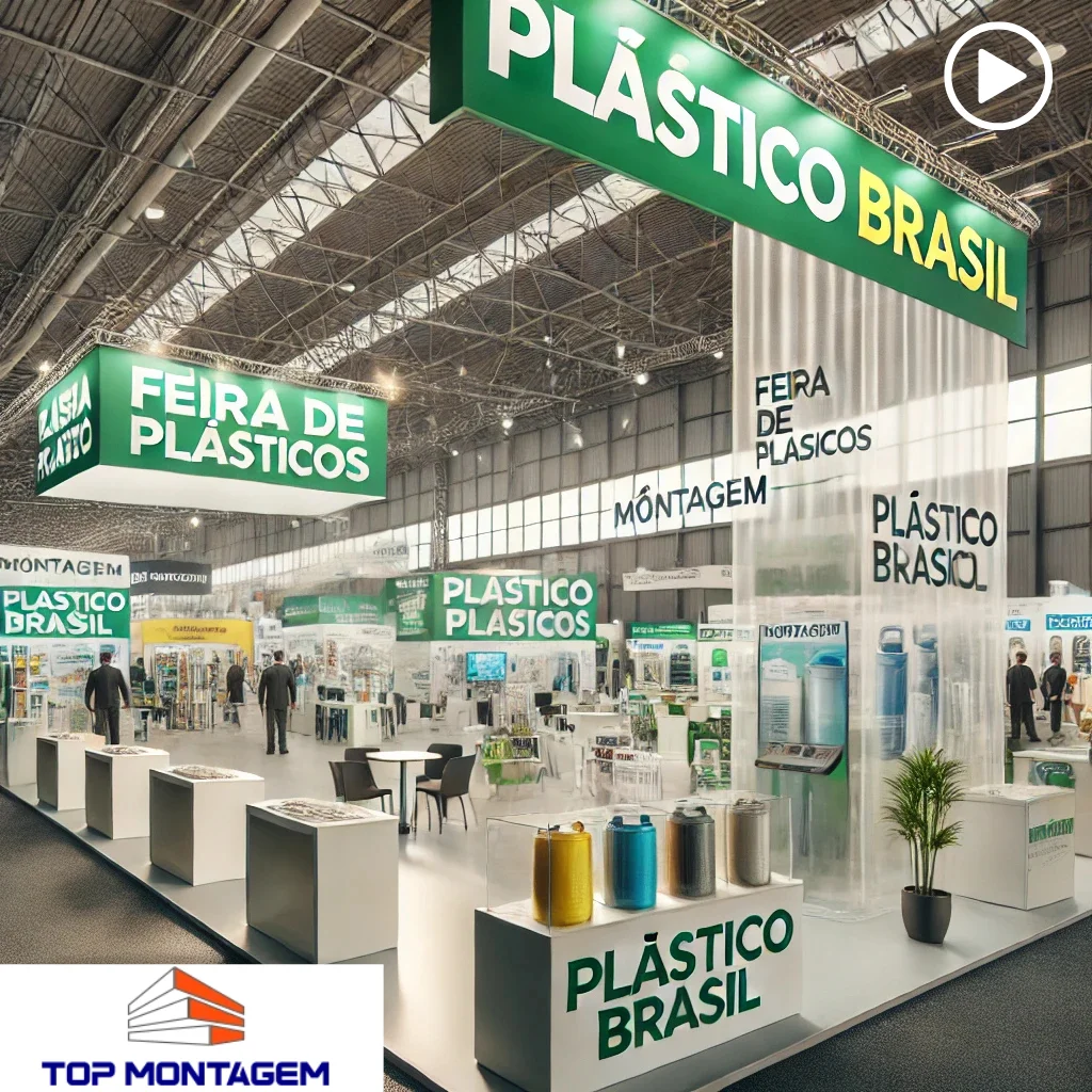 Estande inovador projetado pela Top Montagem para a feira Plástico Brasil 2025, destacando design tecnológico e experiência imersiva para expositores e visitantes.
