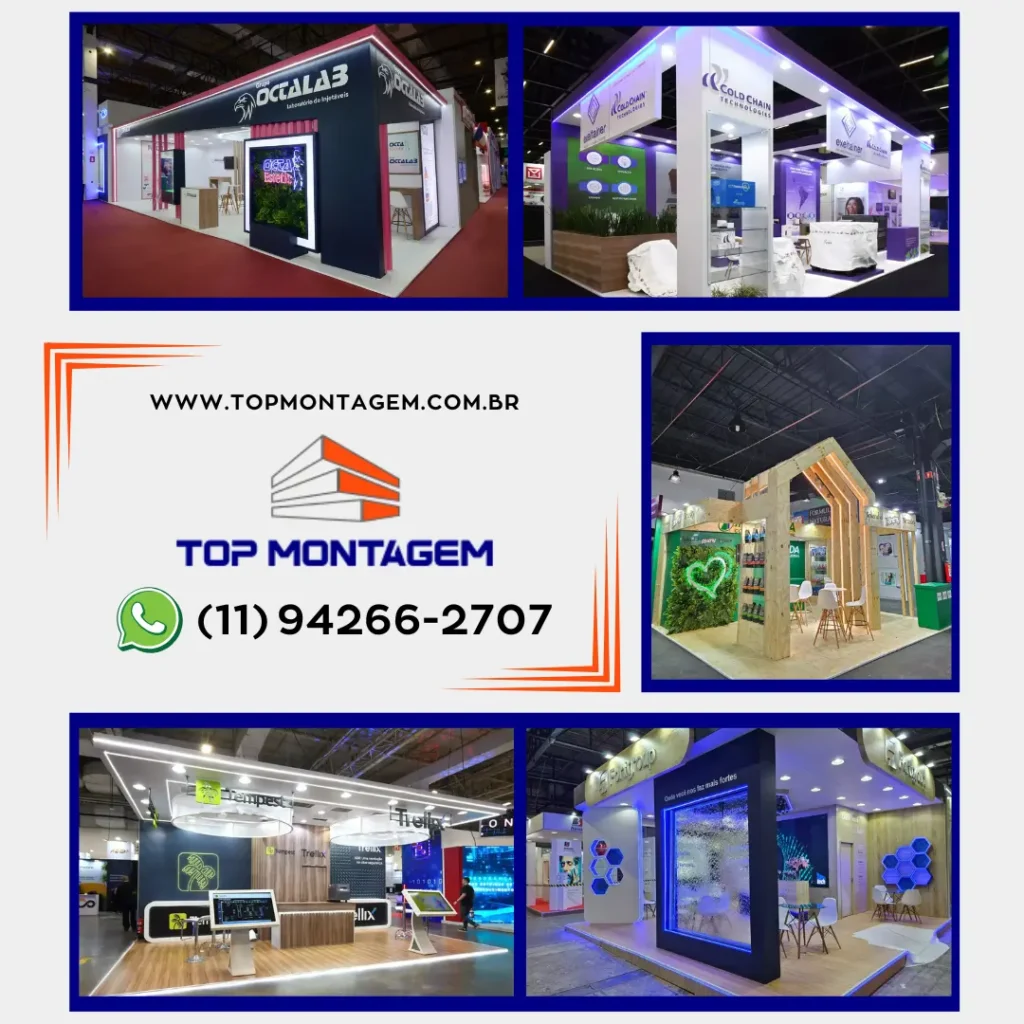 Estande moderno e personalizado em evento corporativo, destacando a identidade visual da empresa.