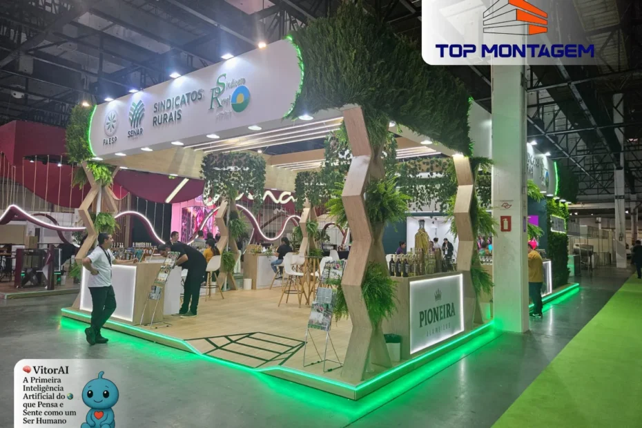 Estande institucional do Sindicato Rural montado pela Top Montagem na Cachaça Trade Fair 2025, com madeira clara, vegetação suspensa e iluminação em LED - expo center norte
