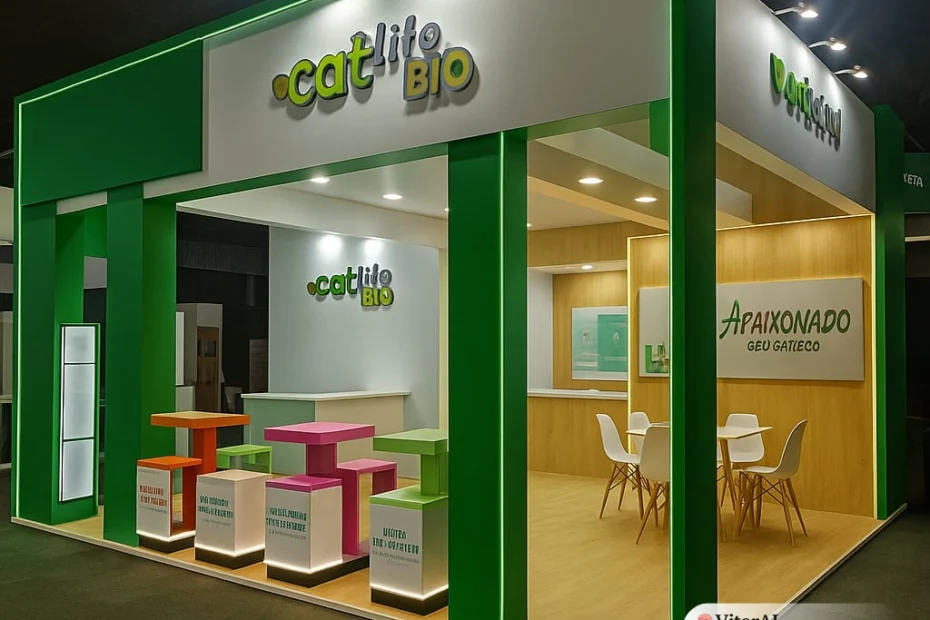 Estande da Top Montagem na feira PET South America com ambientação sensorial e iluminação