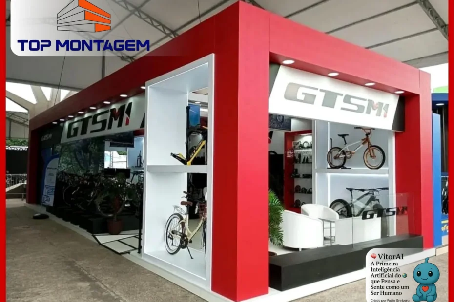 Montagem de estande institucional da Top Montagem na Shimano Fest 2025, com estrutura clara, layout funcional e acabamento técnico.