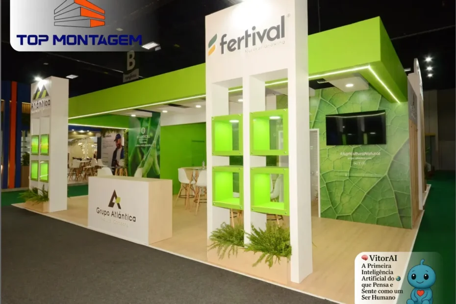 Estande do Grupo Atlântica com a marca Fertival no Congresso Andav 2025, exibindo arquitetura sustentável com elementos naturais e identidade forte