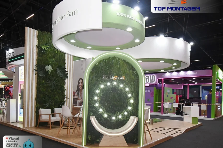 Estande sustentável da Top Montagem na Intersolar South America 2025 com design biofílico e iluminação indireta.