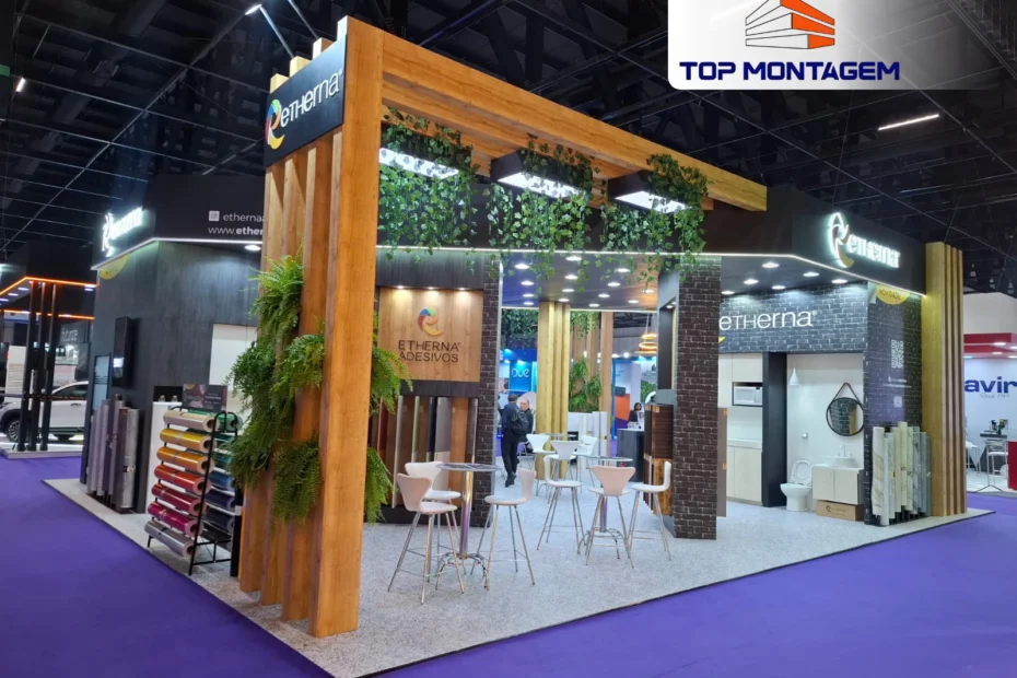 Estande imersivo da Etherna na FuturePrint 2025, criado pela Top Montagem, mostrando revestimentos modernos e interação ao vivo com os visitantes